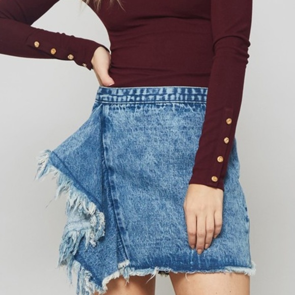 Denim Side Fringe Jean Mini Skirt - Picture 1 of 8
